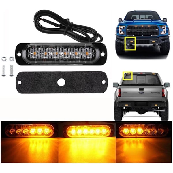 6 LED 18W Gul Ultra Tynd Undervogns Nødblink Hazard Strobe Advarselslys Strip til 12V - 24V Bil, Sikkerheds Blinkende Beacon 6 LED Yellow