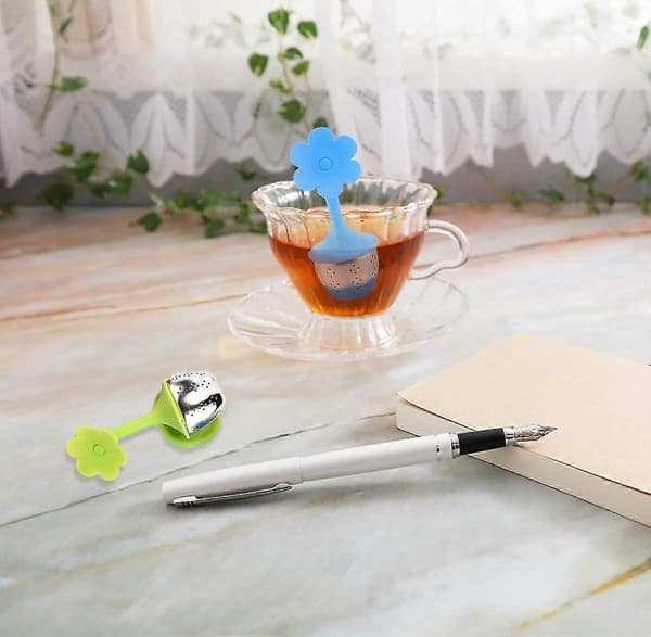 4 stk te-infuser silikon-diffuser teball rustfritt stål te-sil med dryppbrett løsblad te-infuser te-sil for kopper te-bolle