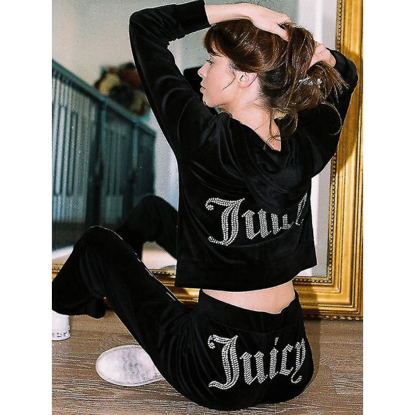 Velour Juicy Syning Dragt Hættetrøjer Fløjl Lynlås Sweatshirt Og Bukser Sæt Sportswear 2023 Dame Forår/efterår Træningstøj Crop Top Bedste Gave Til Jul Black XXL