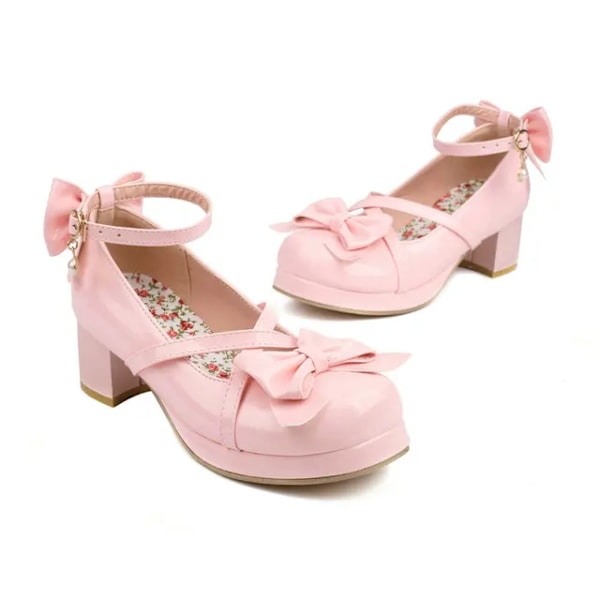 Skinnende Lak Lolita Sko Kvinder Rød Brude Bryllup Fest Strappy Platform Mary Janes Pumps Ankelrem Blok Cubanske Hæle Pink Pink 11