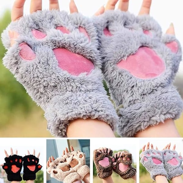 Søde Kattepote Fingerløse Vanter Cozy Faux Fur Plush Halvfinger Vanter Touch Screen Varme Vanter til Piger Kvinder Grey