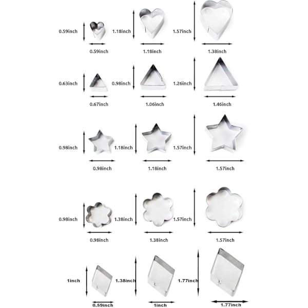 30 Små Polymerleire-, Smørdeig-, Pai- og Fruktkuttere - Stjerne, Blomst, Sekskant, Hjerte, Kvadrat, Trekant, Oval, Metallkutter