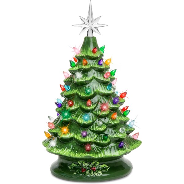 15" Ceramic Christmas Tree, Pre-Lighted Hand Painted Tabletop Christmas Tree, Star Top, 64 Lights - Green with Multi-Color Bulbs