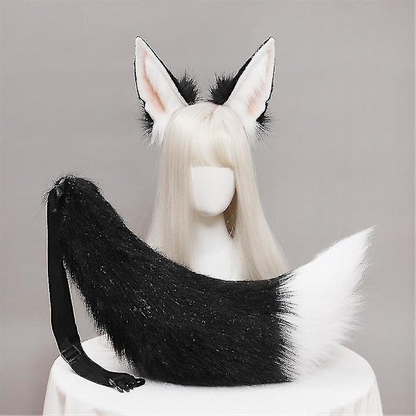 Pehmoinen sakaali kissan korvat pääpanta ja häntä setti - Lolita Cosplay tarvikkeet puhdas musta puhdas valkoinen white