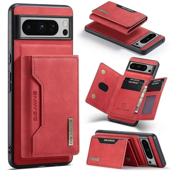 Belagt magnetisk avtakbart bakdeksel med stativ og lommebok for Google Pixel 8 Pro Style E Google Pixel 8 Pro Red