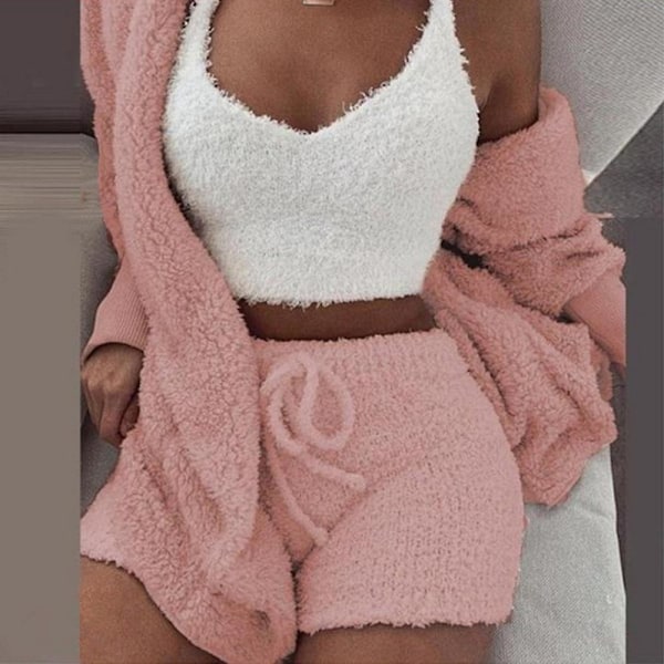 Dam 3-delad fleece fluffig kappa + shorts + kort väst set rosa pink 2XL