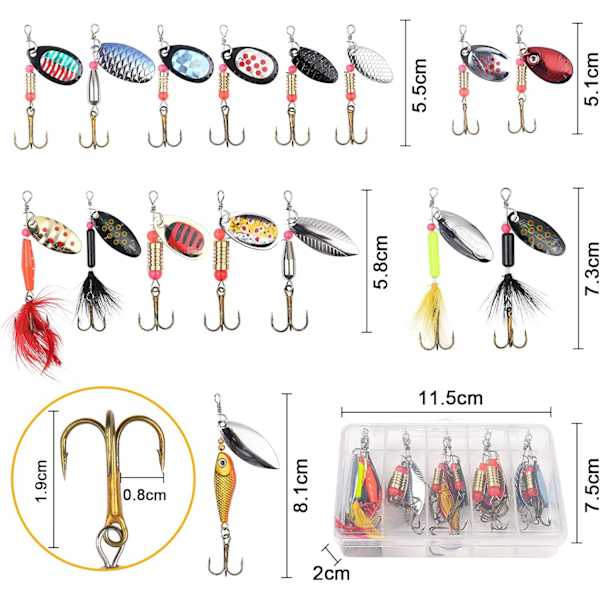 Spinner Blinkersett, 16 stykker Fiskeutstyr med Trekroker, Pailletter Kunstige Agner for Ørret, Abbor, Laks, Gjedde