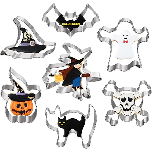 Halloween cookie cutters, set of 7 pumpkin, bat, ghost, skull, cat, witch and witch hat cookie cutters