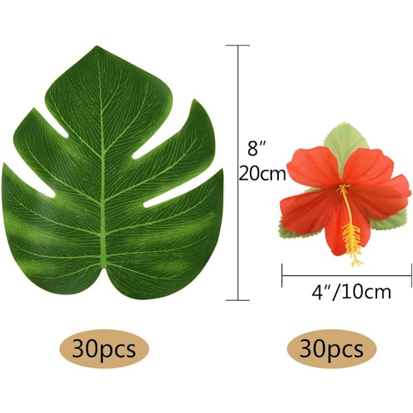 60 stk tropiske festdekorasjoner 8\" tropiske palmeblader og hibiskusblomster simuleringsblader for hawaiisk luau-fest