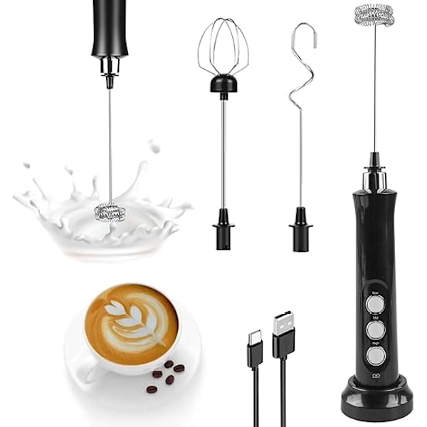 Elektrisk melkeskummer med 3 visper, elektrisk USB-oppladbar 3-trinns melkeskumvisp, kaffe varm sjokolade melkeskum latte