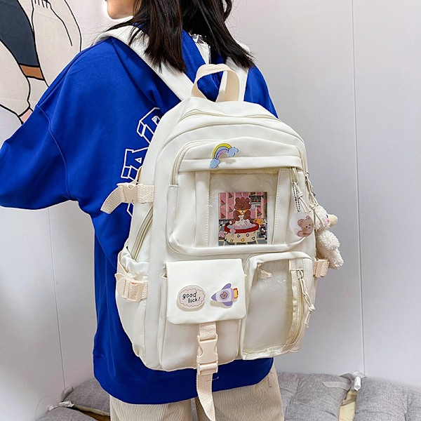 Kawaii Rygsæk, Stor Kapacitet Sød Bjørn Tilbehør Rygsæk til Skole Multi Lomme Kawaii Håndtaske Japansk Skoletaske til Teenagepiger White