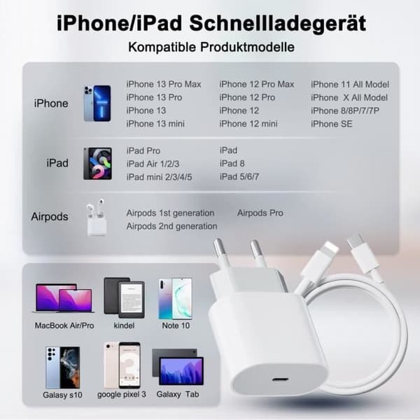 Hurtiglader - ELLBM - 20W - Kompatibel med iPhone 13 Pro Max - 1M Kabel - Type-C