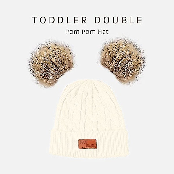 Toddler-mössa i vinterfärg med dubbla pompom-stickade mössor och halsduk i samma färg style 2