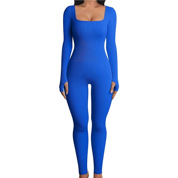 Yoga fitness jumpsuit gängad fyrkantig hals blå blue L