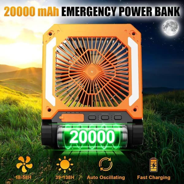 20000 mAh USB Campingventilator, Genopladelig Solcellebatteri Ventilator, 3 Hastigheder, Bordventilator til Camping og Fiskeri