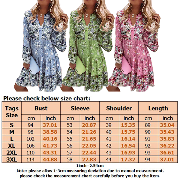 Sommerkjoler til kvinder med lange ærmer, blomsterprint, strand minikjole, lyseblå Light Blue M