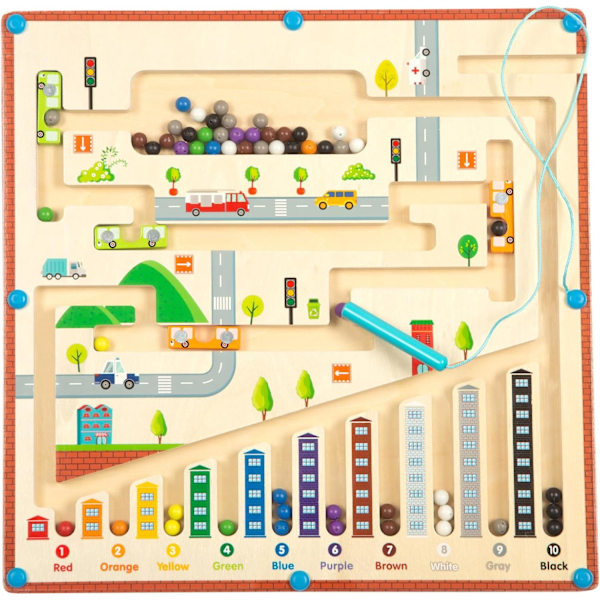 Montessori Leksak för 3-6 År, Magnetisk Labyrinthspel för att Lära Färger och Siffror, Magnetisk Stadslabyrint, Träleksak, Resespel för Barn Stad