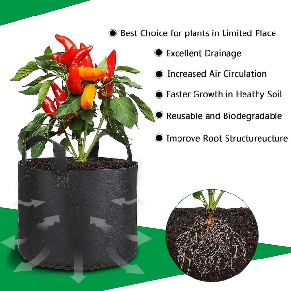 Hemma 5 Gallon Odlingspåsar med Växtmarkörer, 5-Pack Tjockt Tyg