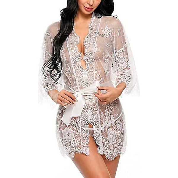 Pitsi Kimono Robe Babydoll Lingerie Mesh Yöpaita - Täydellinen VALKOINEN WHITE L