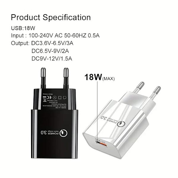 18W QC3.0 Snabbladdare USB EU Väggladdare Mobiltelefonladdare För Xiaomi POCO X3 NFC M3 10T Lite 10 9 Redmi 9 Note 9 8 Pro Typ C Laddare [DB] white