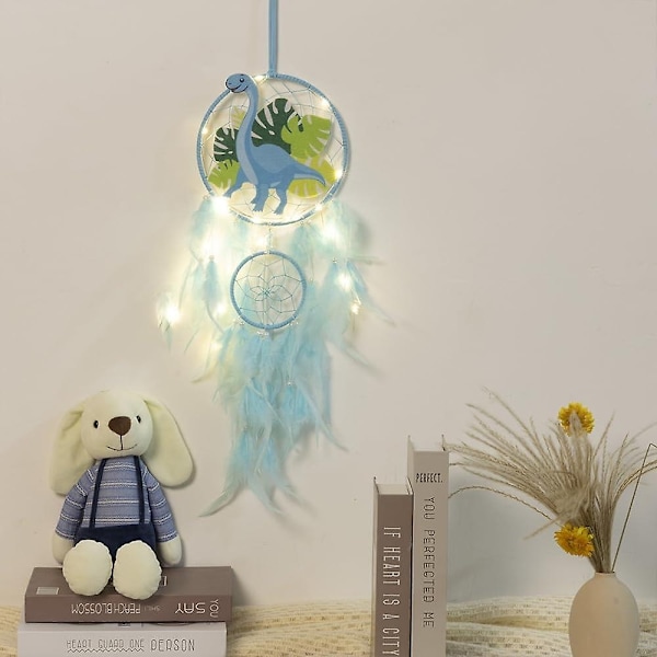 Dinosaurus-unisieppari pojille ja tytöille, unisiepparivalo seinäkoriste höyhen seinäkoriste Dino unisieppari lasten lahja-Perfet sininen Blue With light