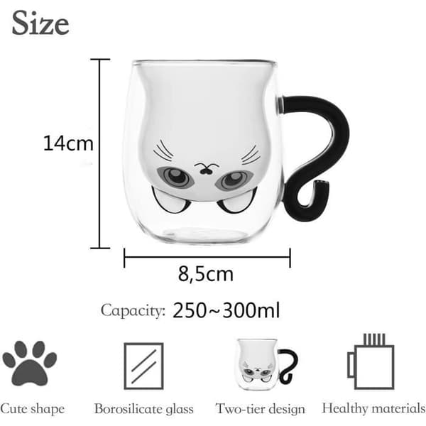 Tekopp - Katt - Dubbelväggigt glas - 300ml - Present - Diskmaskinssäker