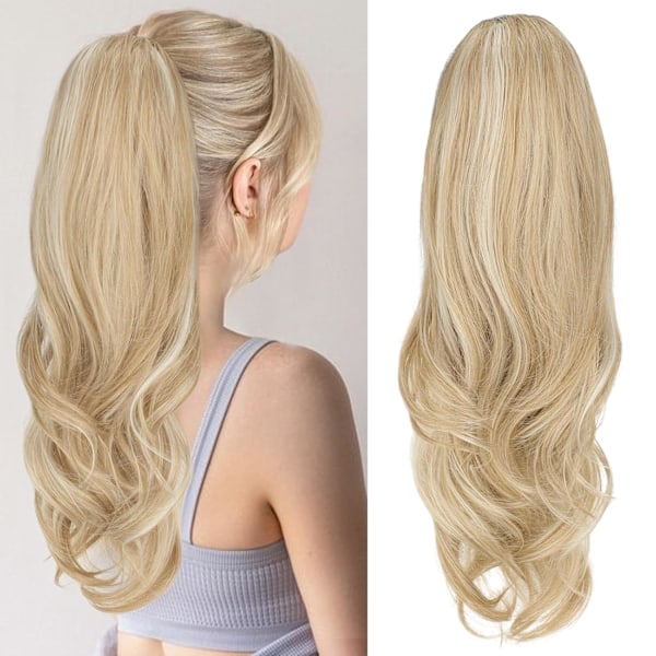 Hår Hestehale Extensions, 55 cm Medium Blond med Krøller Lang Snørebånds Bølge Clip-in Hestehale Hår Extensions Lagdelt Syntetisk Hårstykke til Kvinder