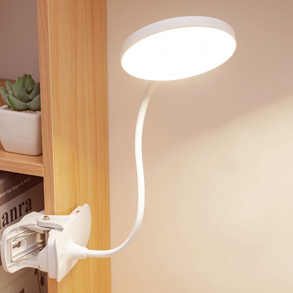 Klemme Lampe, Batteridrevet Læselampe, Sengelampe med Klemme, Batterilampe med 3 Lysstyrkeniveauer, USB Genopladelig
