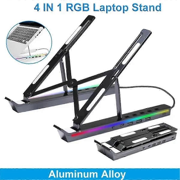 Vikbart laptopställ 4-i-1 USB RGB-ställ bärbart notebook-fäste stöd bas aluminiumlegeringshållare