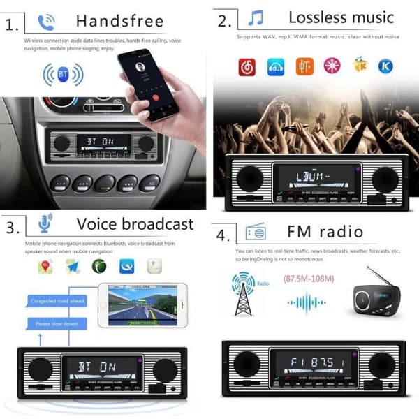 Bluetooth bilradio - Retro - MP3-spiller - Panel i børstet metall - Håndfri ringing - Digital FM