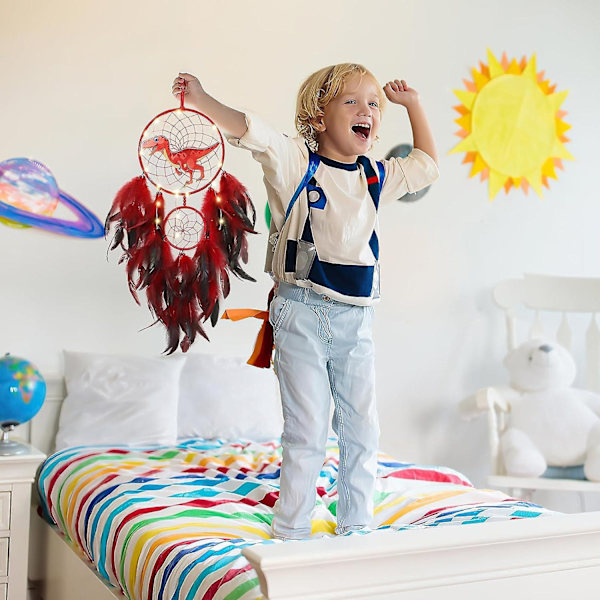 Dinosaur Dream Catcher for Boys and Girls, Dream Catcher Light Wall Decor Feather Wall Decor Dino Dream Catcher Kids Gift-Perfet Red Red With light