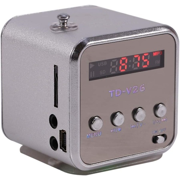 Bärbar radio, Radio Billig TD V26 Små radioapparater Fickradio Batteriradio Minihögtalare Musikspelare FM-radio PC Mode Stöder TF-kort och U-disk Silver