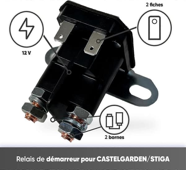 Starterrelé - Reservedel som passer Castelgarden & Stiga sitteklippere - Sidemontering & 2 terminaler + 2 pluggforbindelser