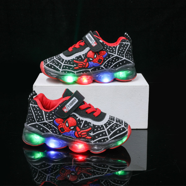 Spiderman LED-sneakers för barn med glitter och halkfri mjuk sula i svart black 27 yards (inner length 17cm)