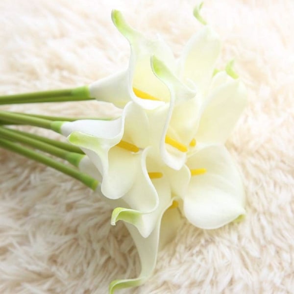10 st Konstgjorda Calla Liljor, Konstgjorda Latexblommor för Hem, Bröllopsfestdekorationer$Konstgjord Calla Lilja - Gul Knopp Vit