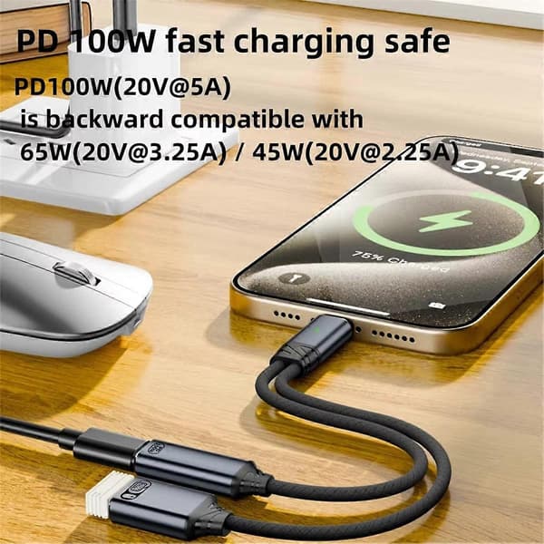 USB-C OTG-kabel med PD-ladeport, 2-i-1 grå