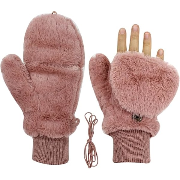 Vinterfluffy Votter for Kvinner, Vindtette Fleece-Plush Votter med Varme Vottdeksler for Jenter pink