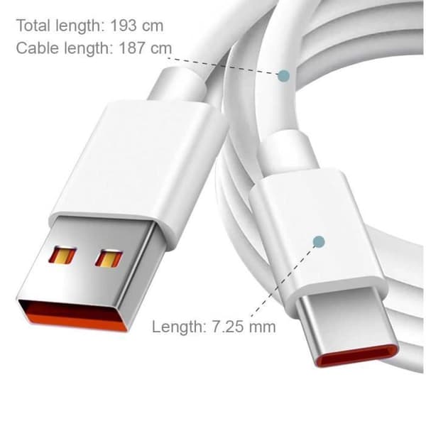 OCIODUAL USB Typ-C-kabel - 2m - 6A snabbladdning - Dataöverföring - Vit