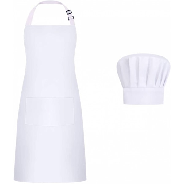 Förkläde och kockhatt set, justerbart haklappsförkläde för bagare och kockar, kvinnor och män, vit