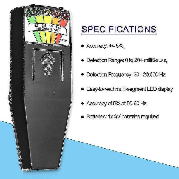 EMF Meter Magnetisk Feltdetektor med 9V Batterier Spøgelsesjagt Paranormalt Udstyr - Sort [HK]