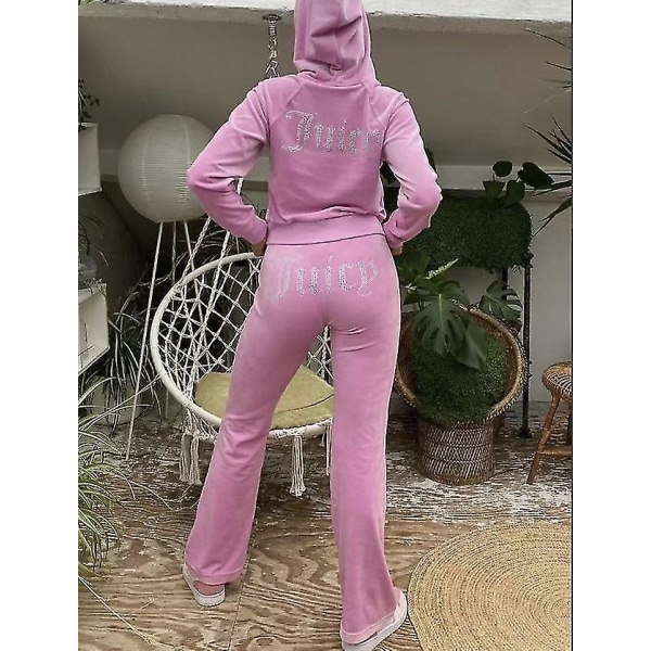 Velour Juicy Sydräkt Huvtröjor Sammet Dragkedja Sweatshirt Och Byxor Set Sportkläder 2024 Dam Vår/Höst Träningsoverall Crop Pink L