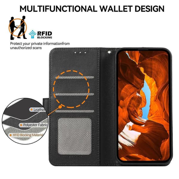 Til Xiaomi Redmi Note 14 4G Etui RFID-blokerende Flip-lædercover - Sort