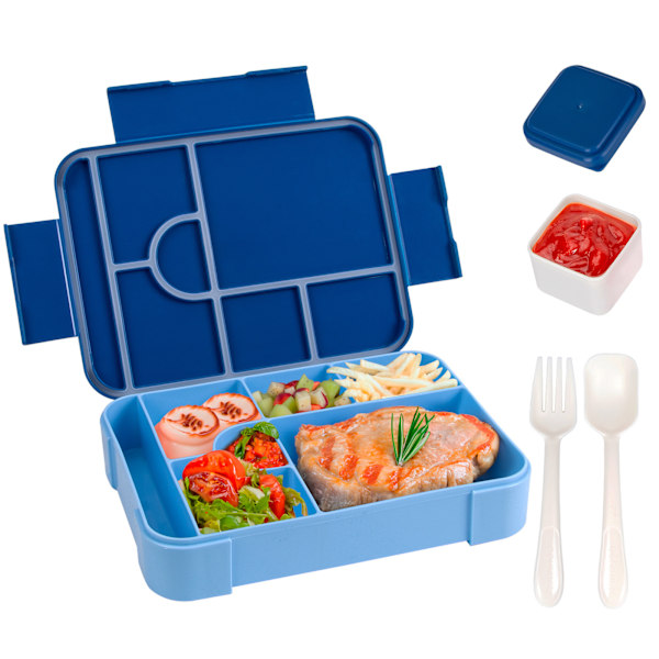 Läcksäker Bento Lunchlåda med 7 Fack och 1 Salladsdressingbehållare, Perfekt för Skola, Förskola, Kontor (Blå) blue