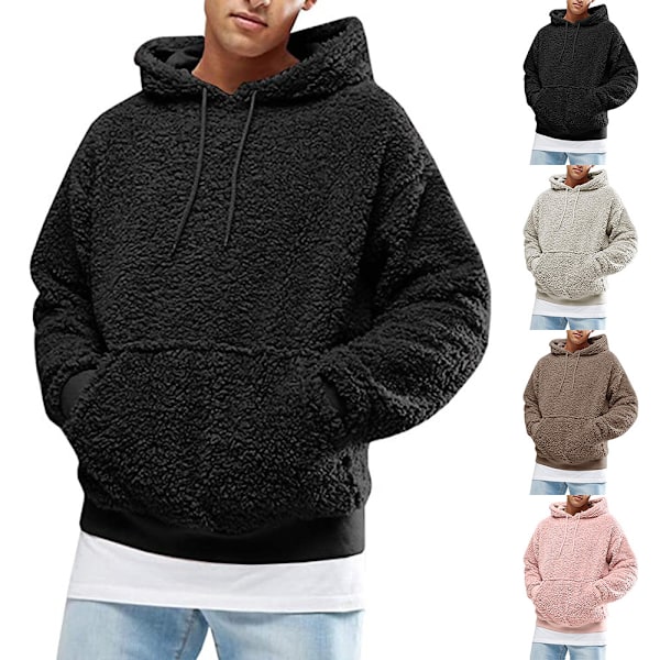 Huvtröja i tjock fleece för män, vintervarm, plysch, pälshuva, tröja, svart Black L