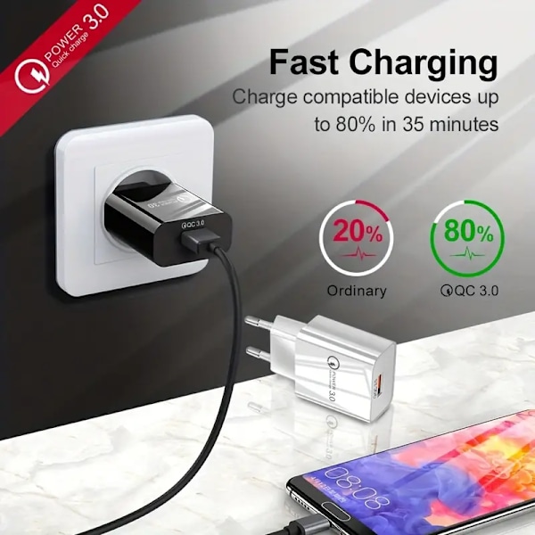 18W QC3.0 Snabbladdare USB EU Väggladdare Mobiltelefonladdare För Xiaomi POCO X3 NFC M3 10T Lite 10 9 Redmi 9 Note 9 8 Pro Typ C Laddare [DB] white