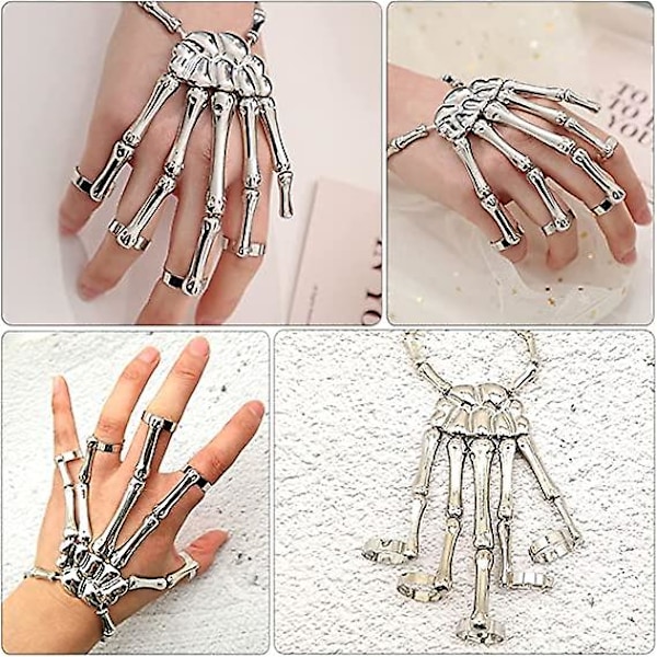 Punk Armbånd Skelet Finger Metal Skelet Hånd Armbånd med Ring Overdrevet Metal Dødningehoved Fingerknogle Led Armbånd(Silver)