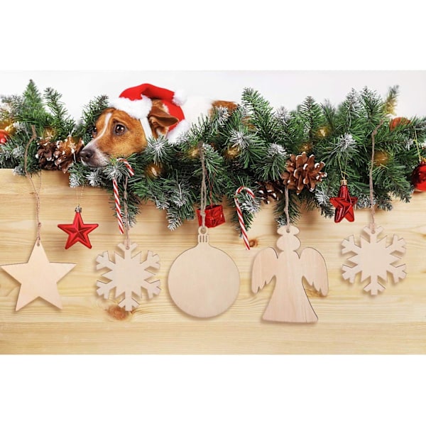 80 stk. juletrepynt i tre, lykt, snøfnugg, engel, stjerneformet treplatepynt, nyttår juletre DIY-anhengdekorasjon