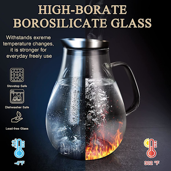 Liter glasskaraffel med lokk og helletut, vannkaraffel, iskanne, for hjemmelagde drikker/iste/melk/kaffe/servering av vin
