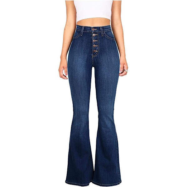Damjeans Hög Midja Vida Ben Denim Jeans Tonårsflickor Utsvängda Jeans Stretch Hip Jeans Bootcut Boyfriend Jeans Baggy Jeans Casual Byxor (L)