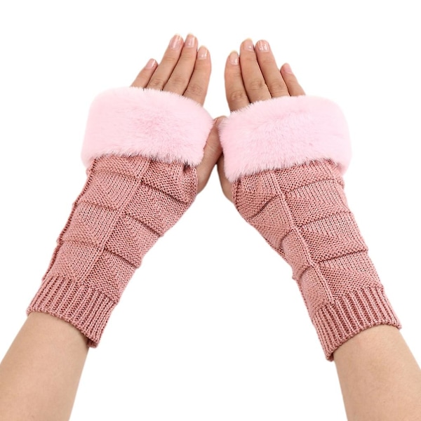 Fuzzy Arm Warmers med Tommelhull for Kvinner, Lange Fingerløse Hansker, Varme Strikkede Hansker Pink